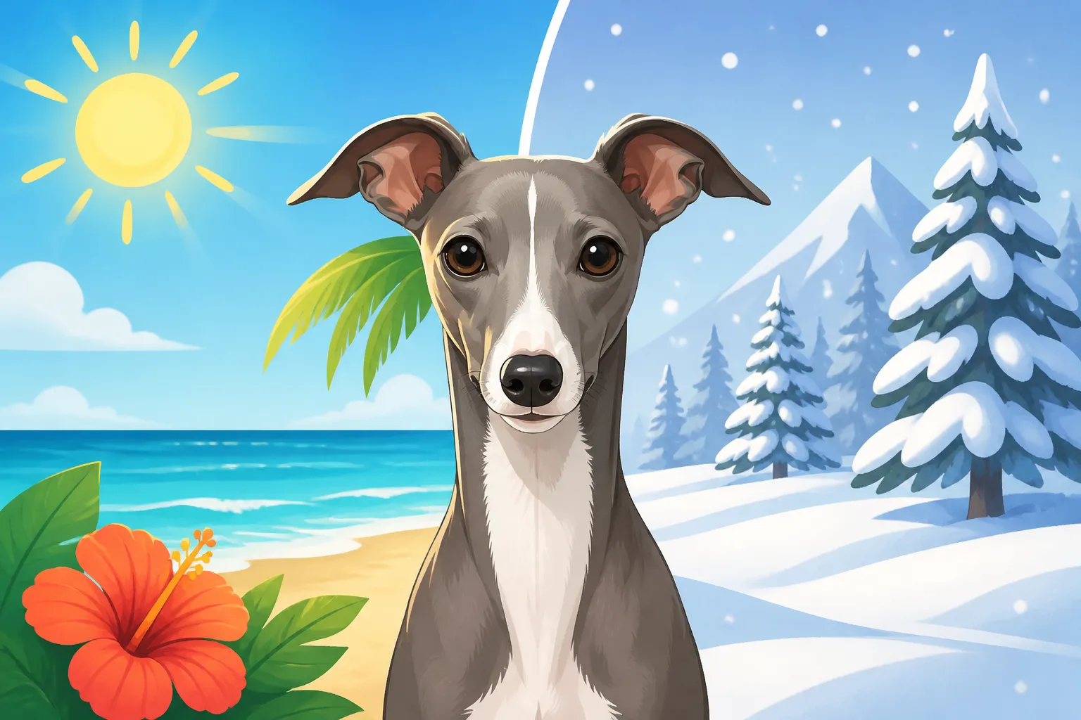 An Italian Greyhound in Summer and in Snow
